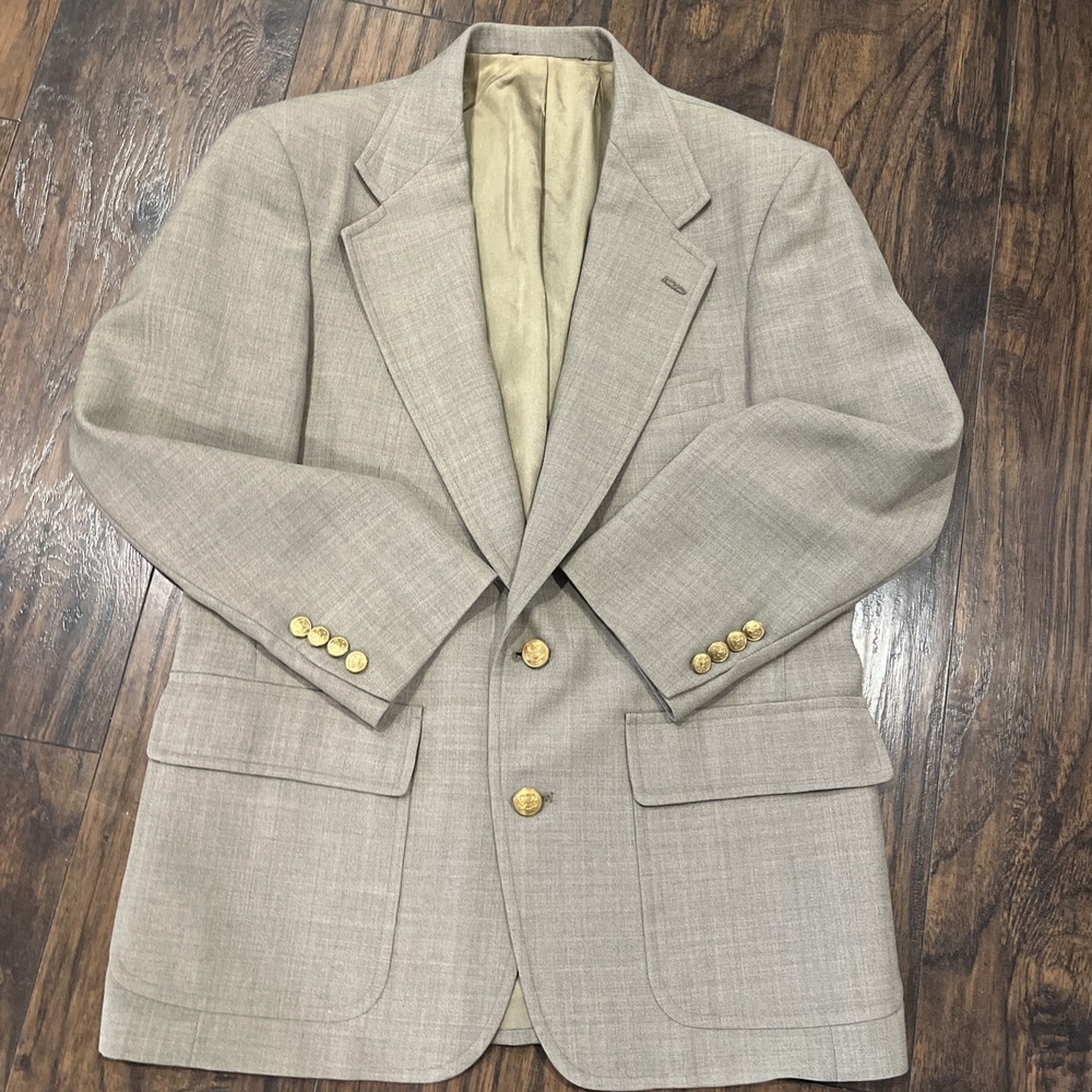 Vtg Hunter‎ Haig Men's Blazer Gold Trophy Buttons Sz 40* Heavy Woven Tan Flecked
